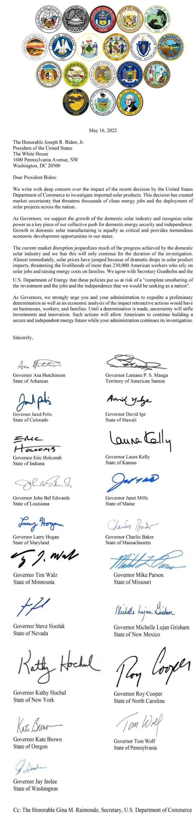 19 bipartisan governors ask Commerce to speed up solar panel probe